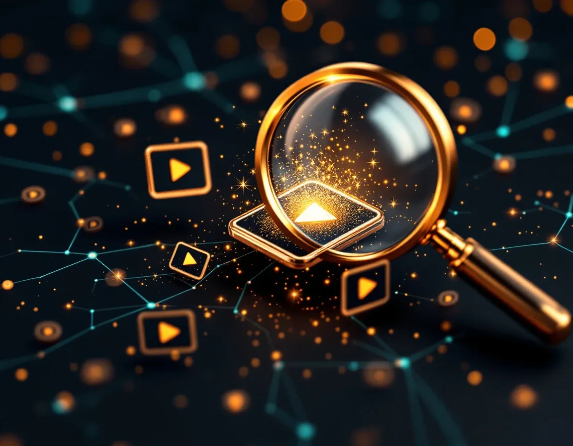 Lupa dourada sobre uma constelação de vídeos curtos, com um deles brilhando como se estivesse viralizando